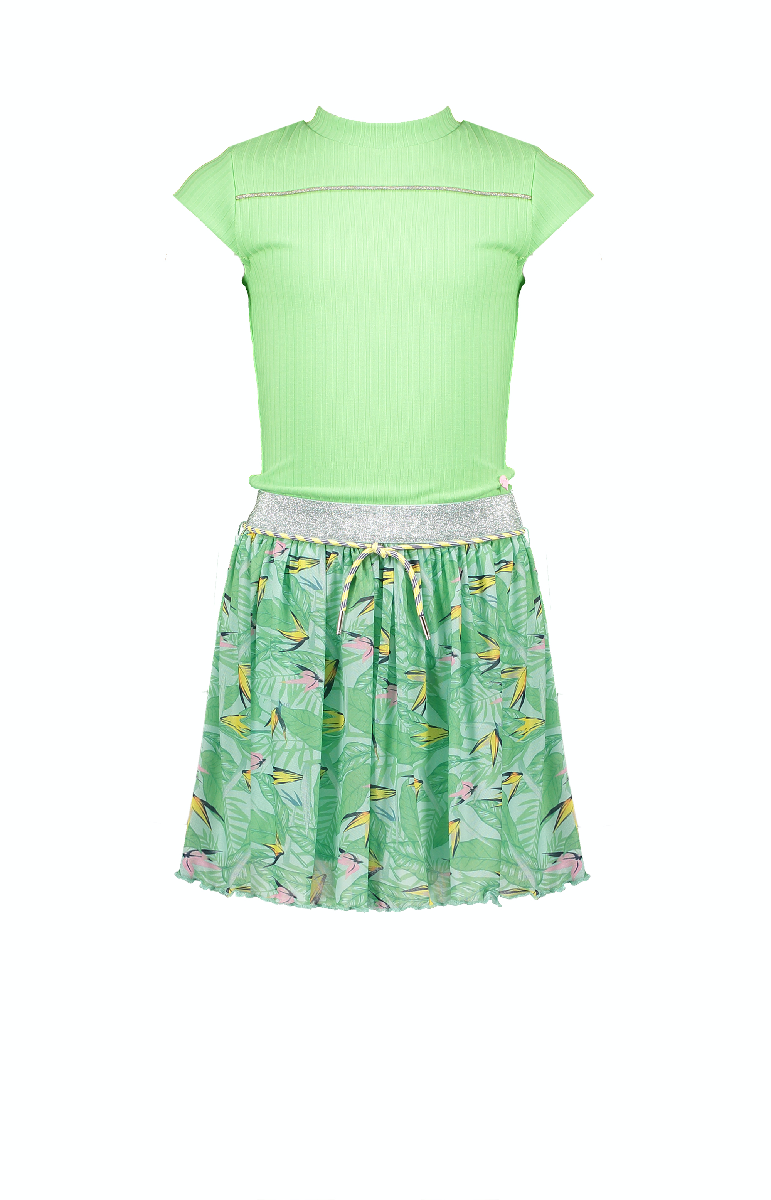 NoNo Miky capsleeve dress with rib jersey top+ Parrot leaves on mesh skirt part