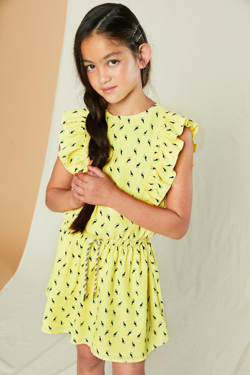 NoNo Myrthe dress with capsleeves in Toucan AOP