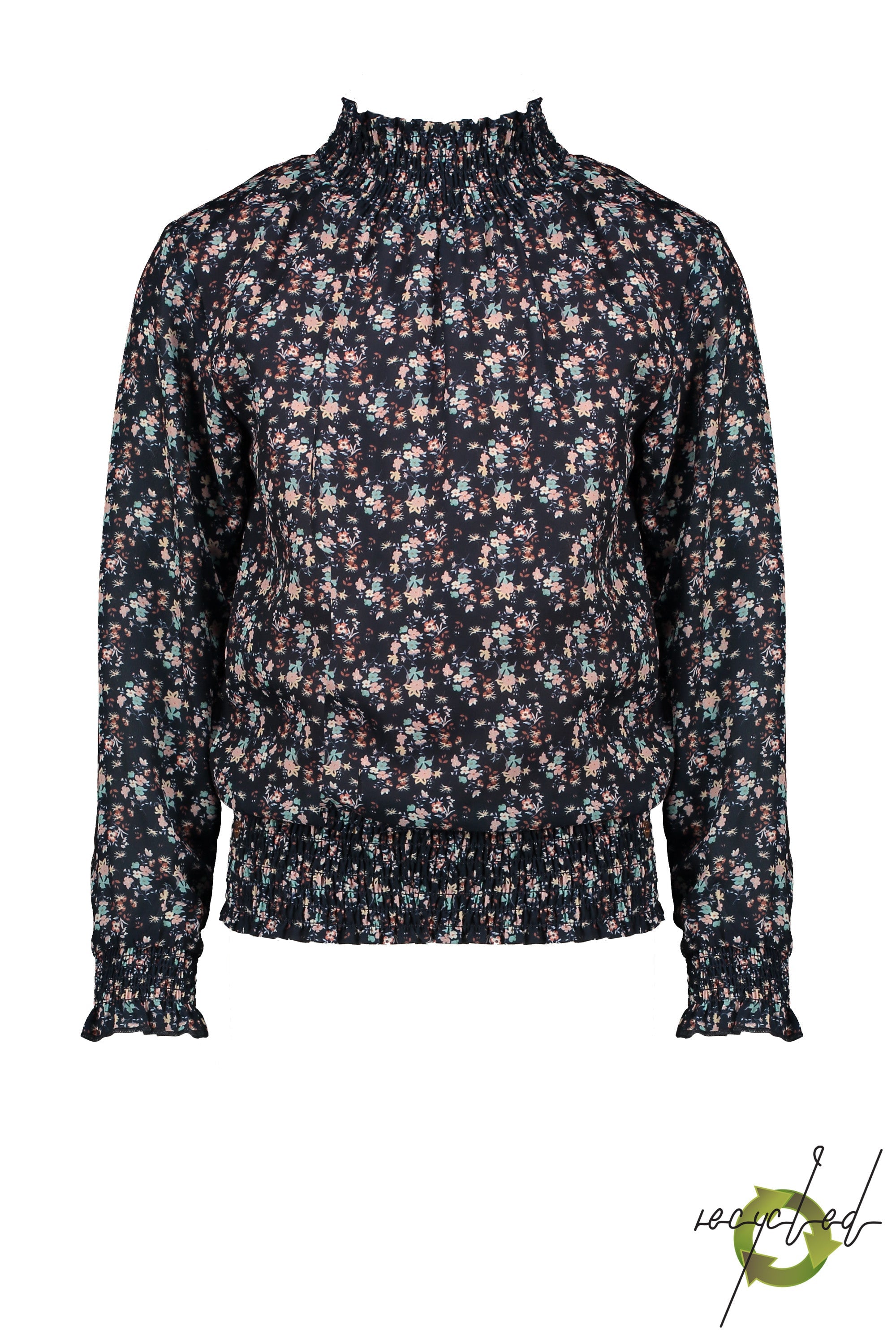 Meisjes Tipi blouse with smocked cuff/hem/neck van NoNo in de kleur Navy Blazer in maat 146/152.