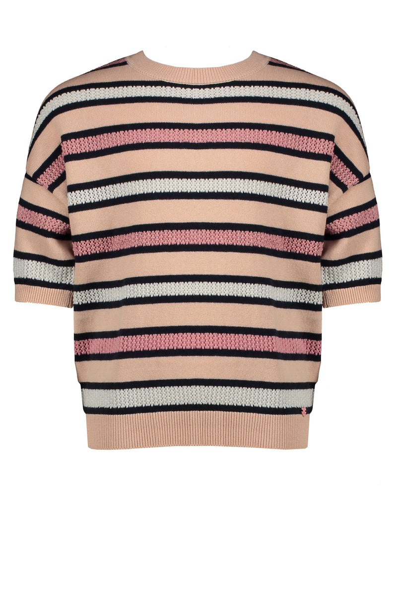 Meisjes Kess knitted striped s/sl sweater van NoNo in de kleur Rosy Sand in maat 146/152.