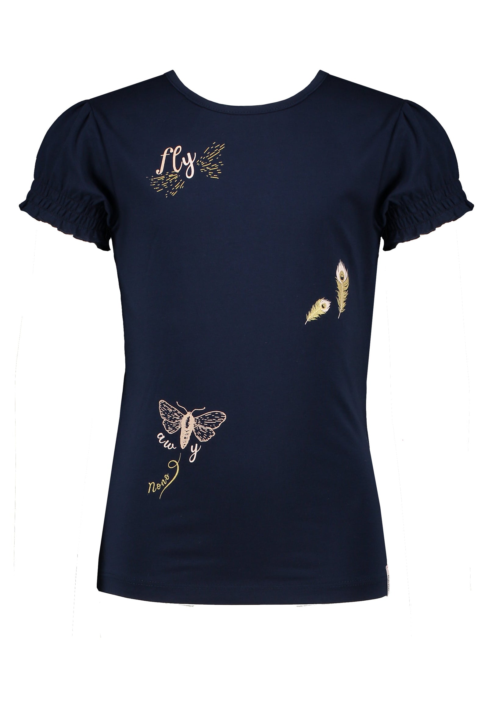 NoNo Kuran tshirt s/sl with Fly Away print +smocked sleeve ends
