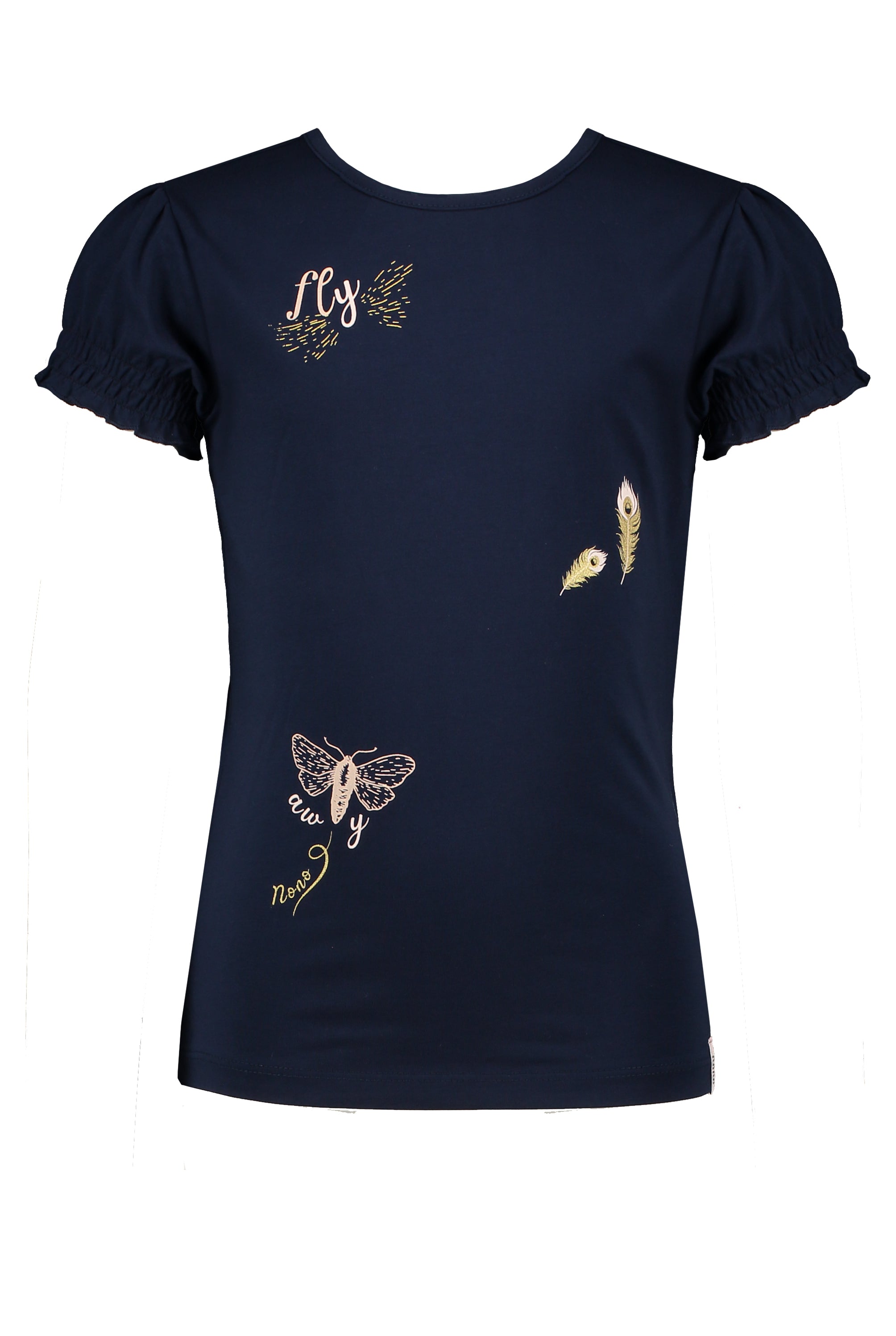 Meisjes Kuran tshirt s/sl with Fly Away print +smocked sleeve ends van NoNo in de kleur Navy Blazer in maat 146/152.