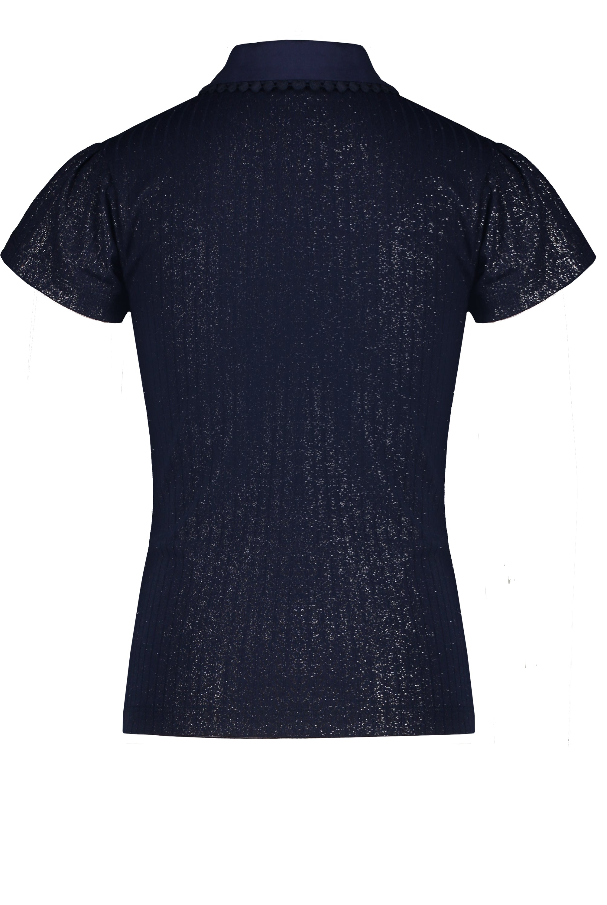Meisjes Kami foil print rib tshirt s/sl with collar with embro van NoNo in de kleur Navy Blazer in maat 146/152.