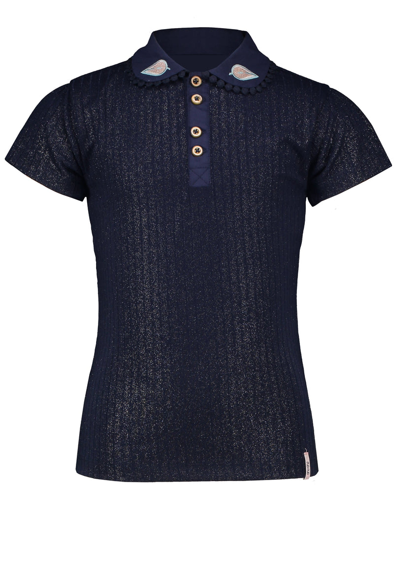 Meisjes Kami foil print rib tshirt s/sl with collar with embro van NoNo in de kleur Navy Blazer in maat 146/152.