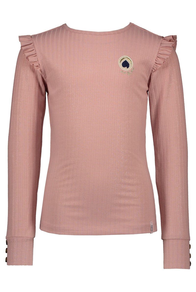 Meisjes Kiss foil printed rib tshirt l/sl with ruffle at armhole van NoNo in de kleur Vintage Rose in maat 146/152.