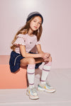 Meisjes Nona short skirt with foil AOP van NoNo in de kleur Navy Blazer in maat 146/152.