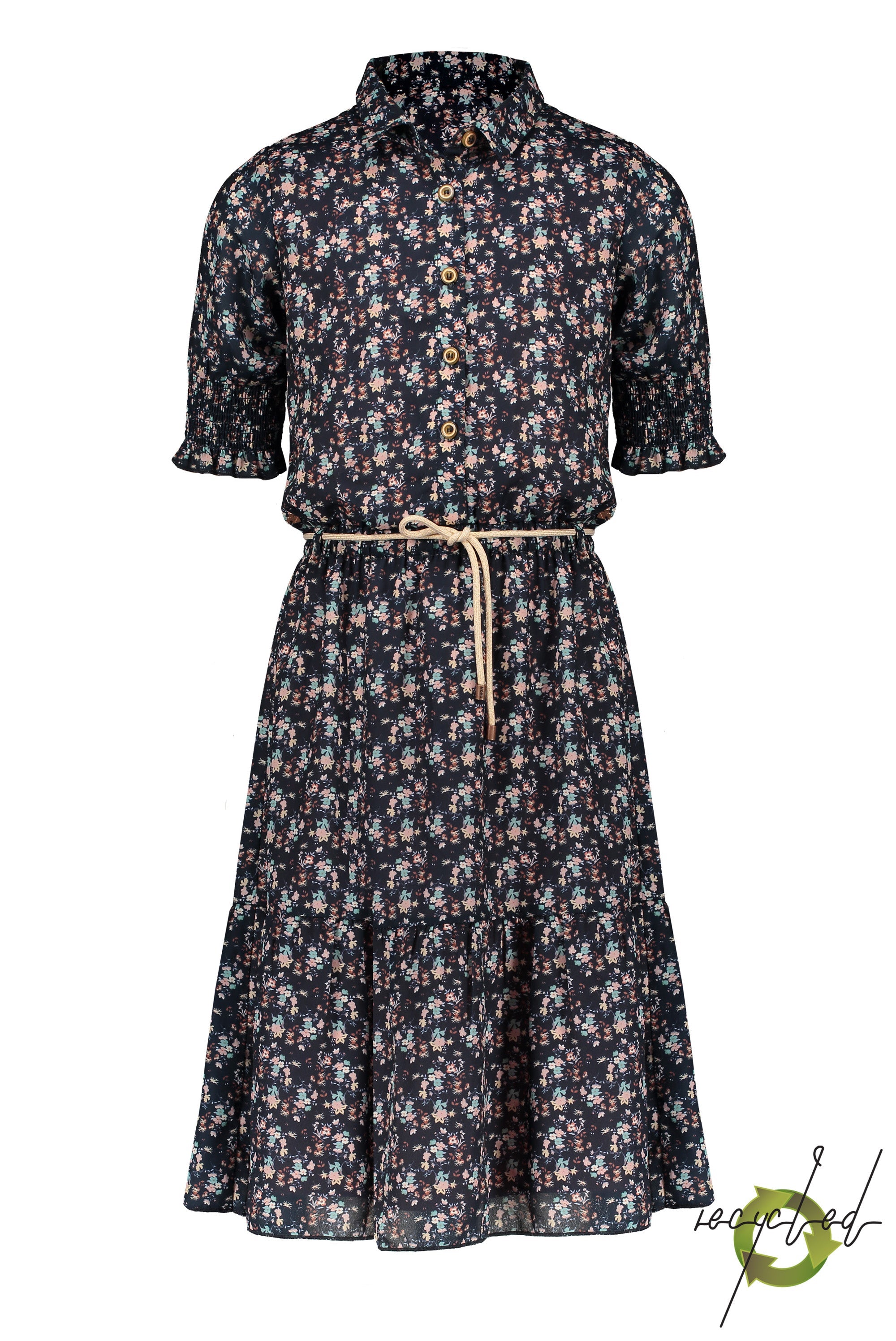 Meisjes Miron long woven dress 1/2sl with smocked sleeve ends van NoNo in de kleur Navy Blazer in maat 146/152.