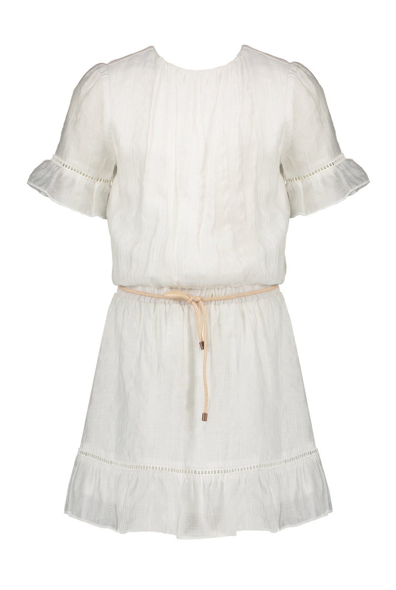 Meisjes Merel s/sl dress with crochet details van NoNo in de kleur Snow White in maat 146/152.