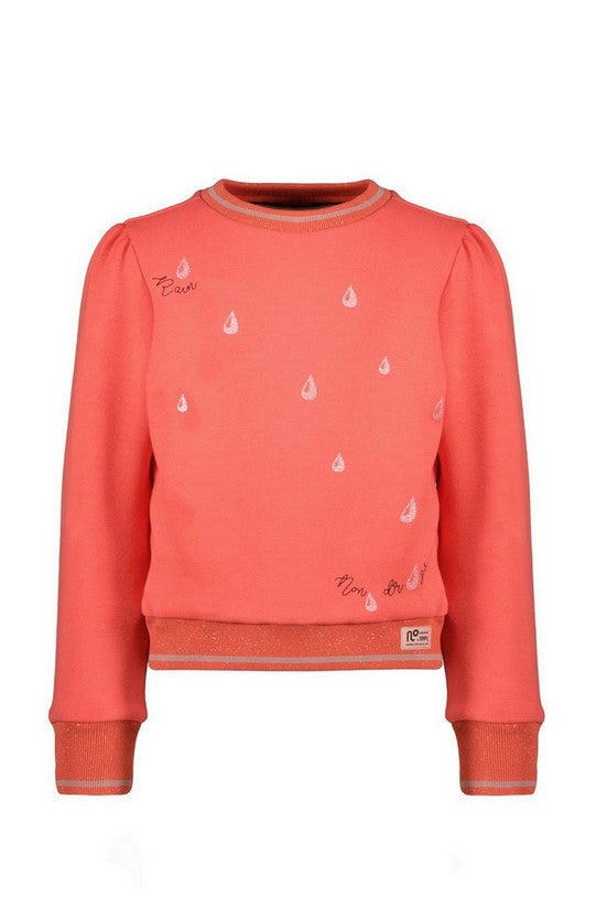 Meisjes Kate round neck sweater with raindrops print van NoNo in de kleur Winter Coral in maat 134-140.