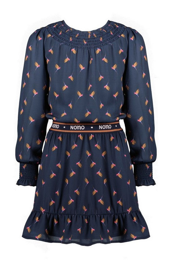 Meisjes Mila woven dress l/sl AOP van NoNo in de kleur Navy Blazer in maat 134-140.
