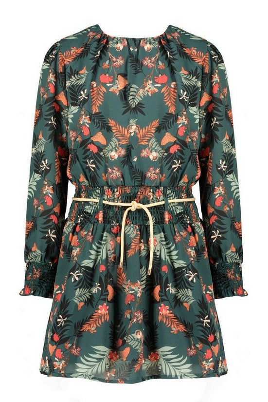 Meisjes Manyu woven l/sl dress AOP van NoNo in de kleur Winter Smaragd in maat 134-140.