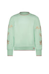 Meisjes Kate round neck sweater with embroidery at sleeves van NoNo in de kleur Soft Pistache in maat 134-140.