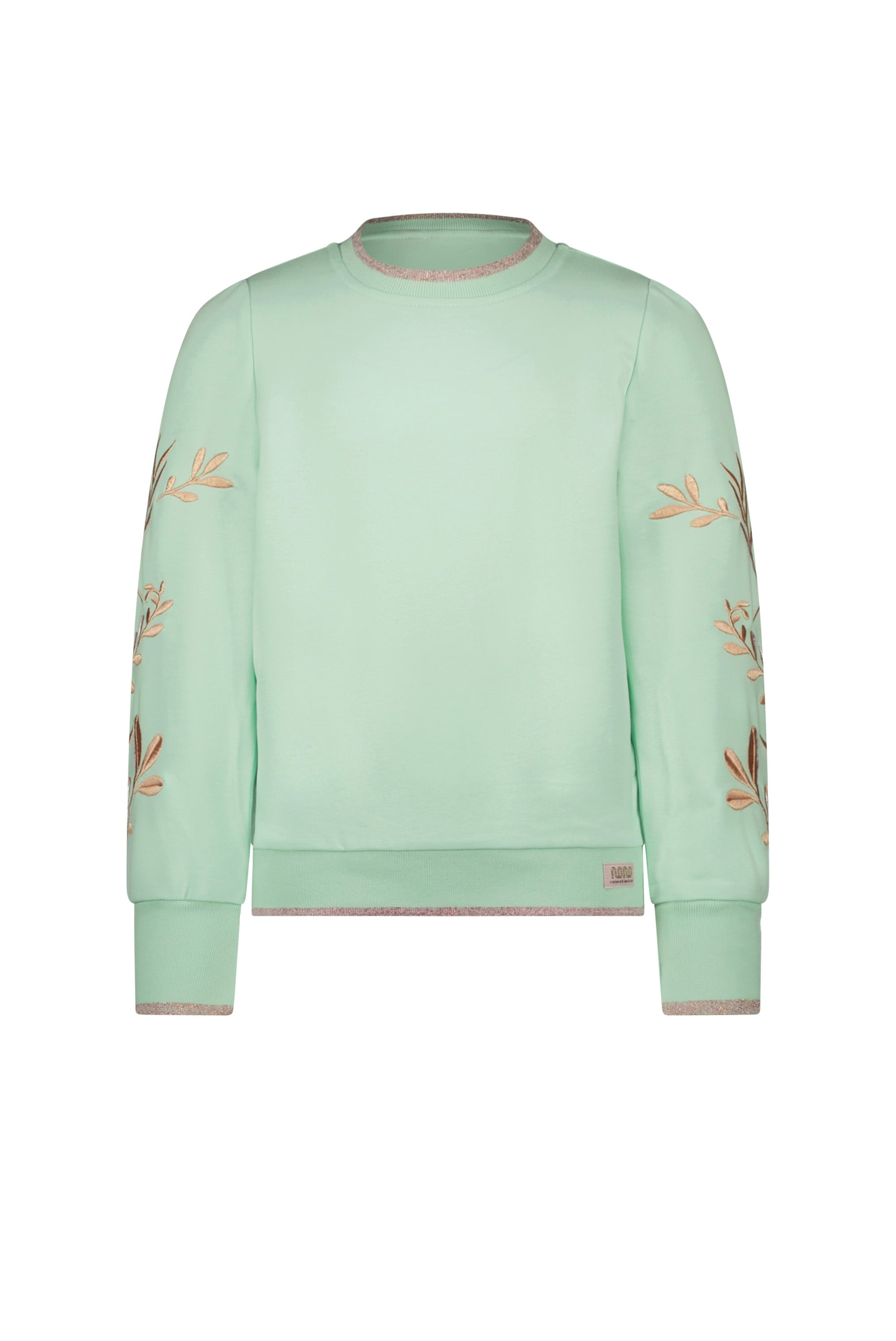 Meisjes Kate round neck sweater with embroidery at sleeves van NoNo in de kleur Soft Pistache in maat 134-140.