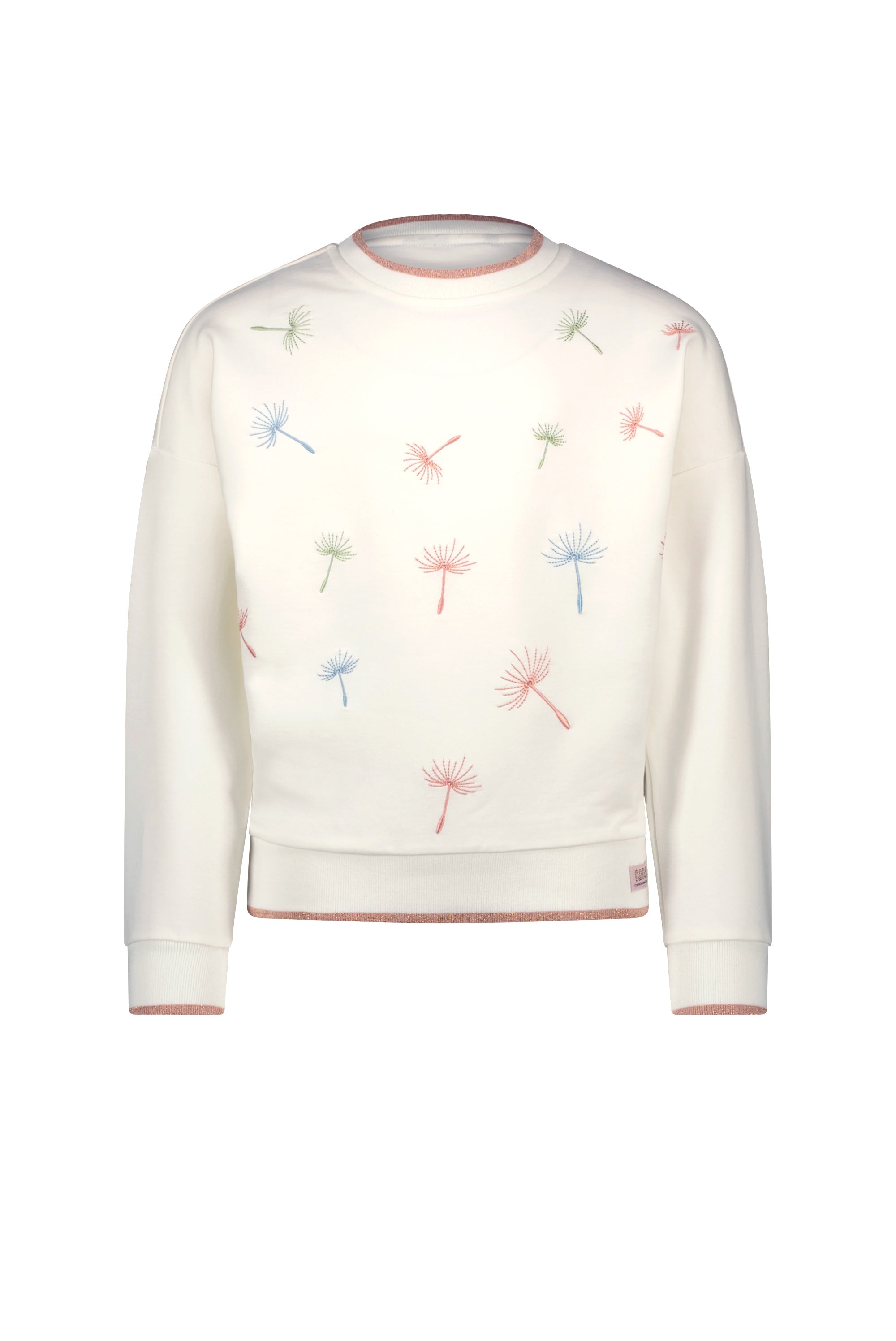 Meisjes Kessa round neck sweater with embroidered dandelions at chest van NoNo in de kleur Snow White in maat 134-140.