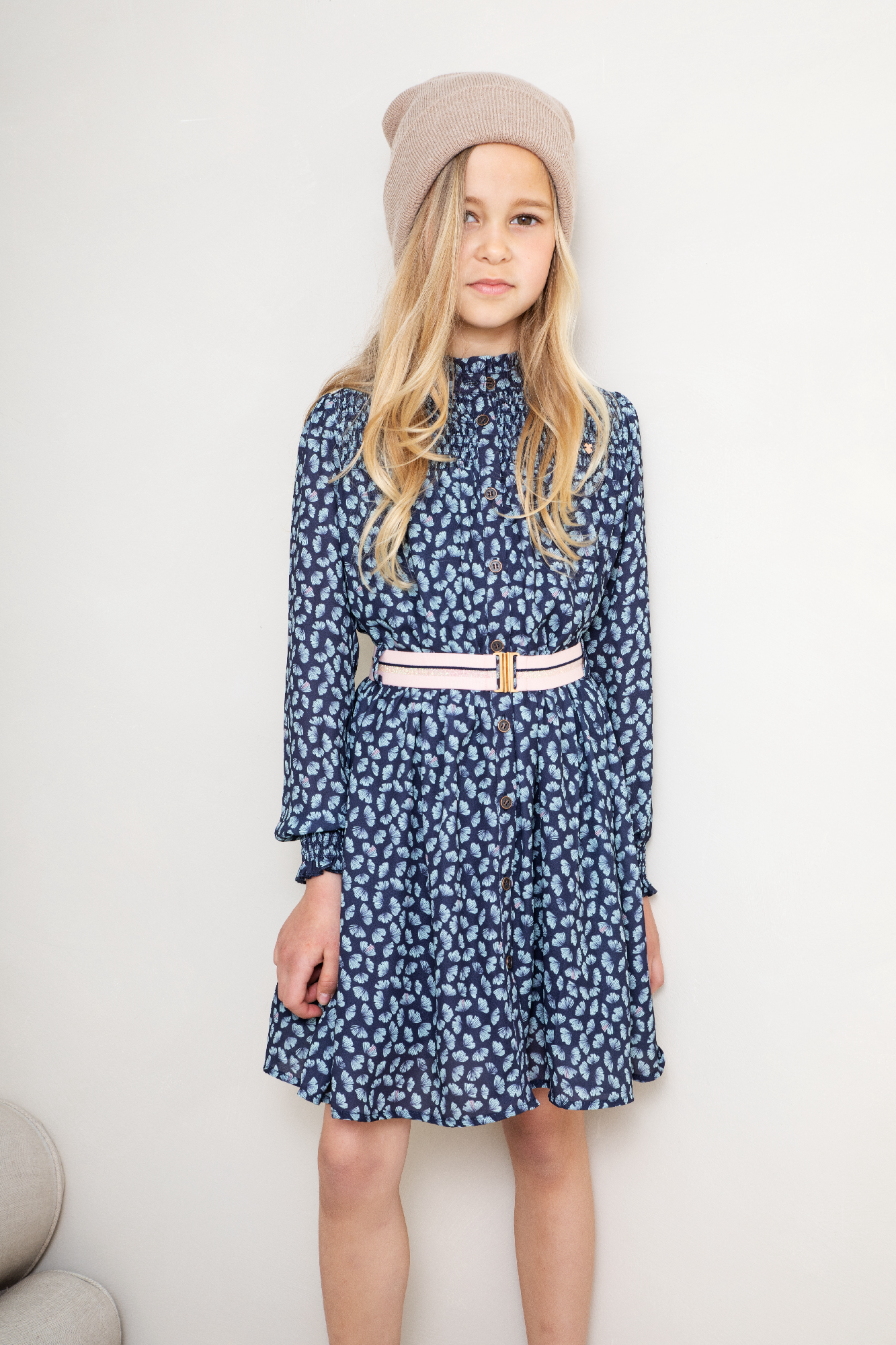 NoNo Milau button up dress with smock details+elasticated belt