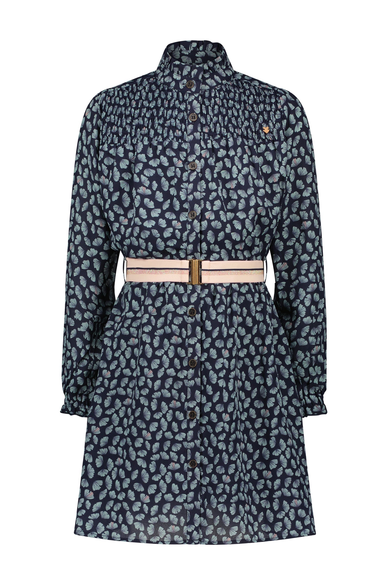 NoNo Milau button up dress with smock details+elasticated belt