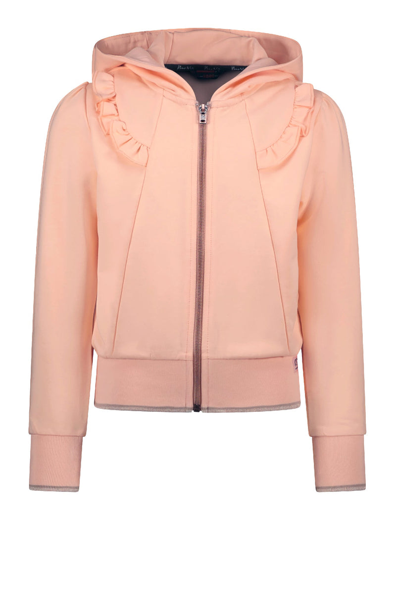 Meisjes Dory hooded cropped cardigan with zipper+ruffles at chest van NoNo in de kleur Light Peach in maat 134-140.