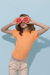 Meisjes Kaby rib jersey tshirt half sleeve with string detail at sleeve van NoNo in de kleur Melon in maat 134-140.