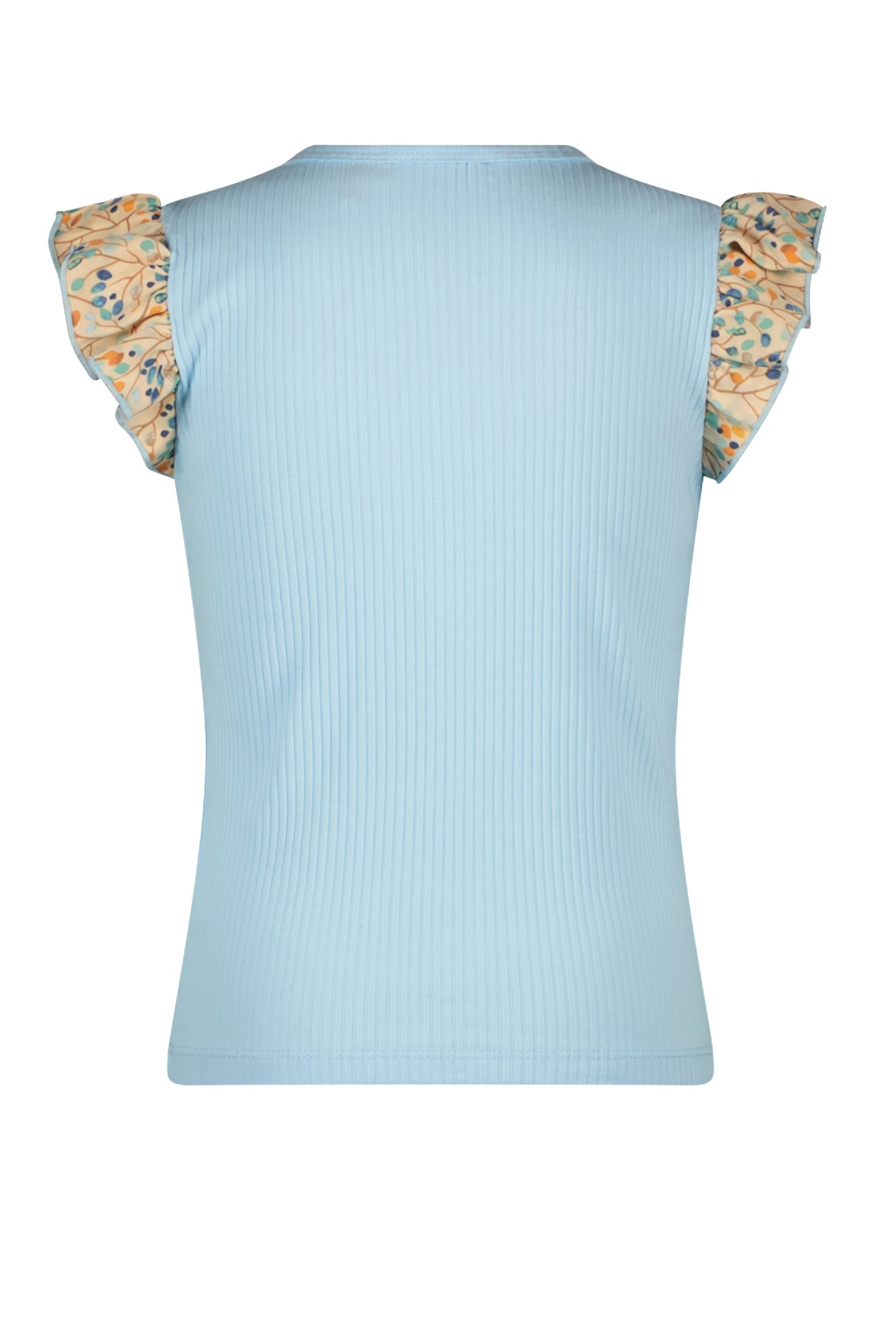 Meisjes Kamsi rib jersey tshirt with contrast ruffled s/sleeves van NoNo in de kleur Sky High in maat 134-140.