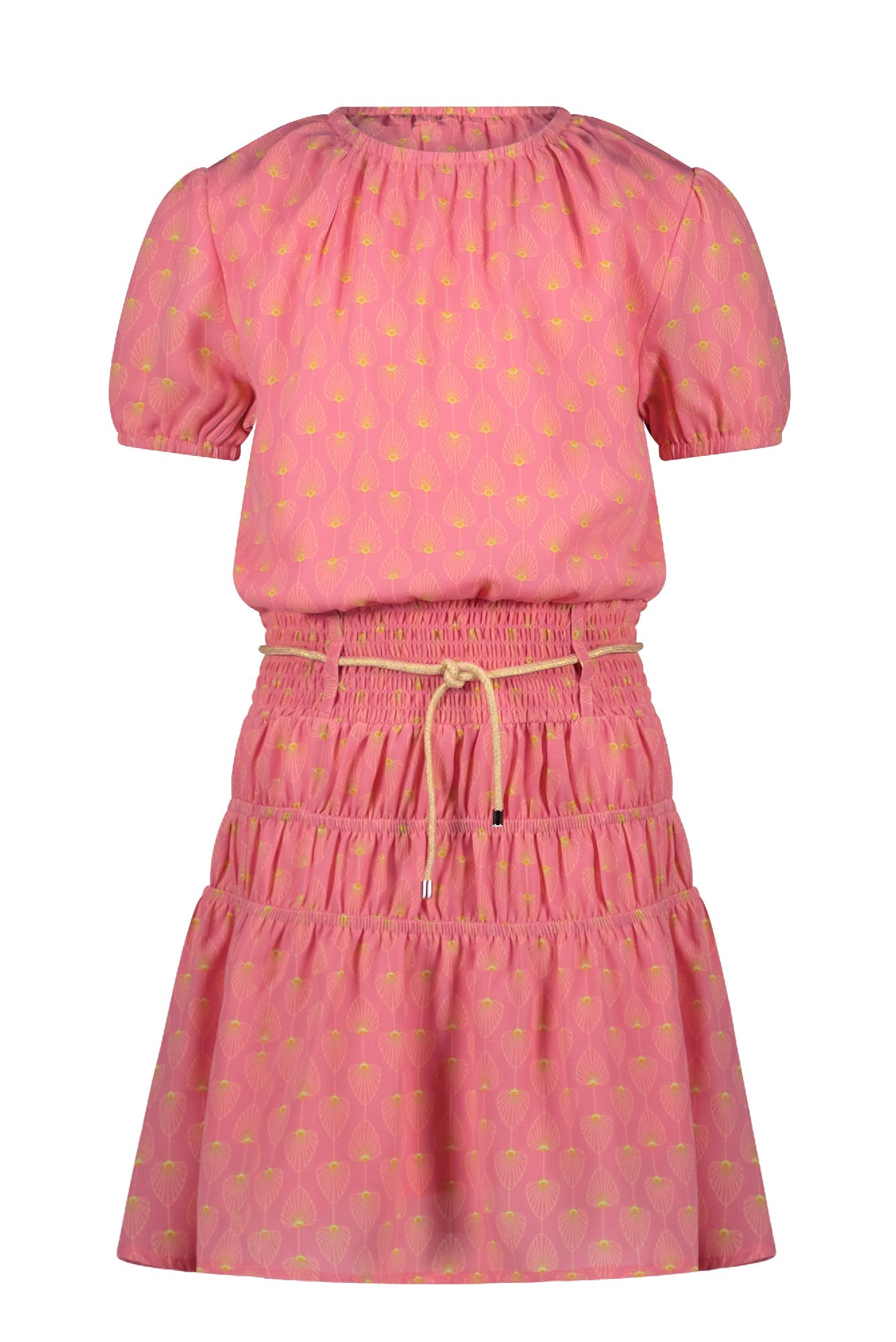 Meisjes Manyu dress S/SL with smock at waist van NoNo in de kleur Peach Blossom in maat 134-140.
