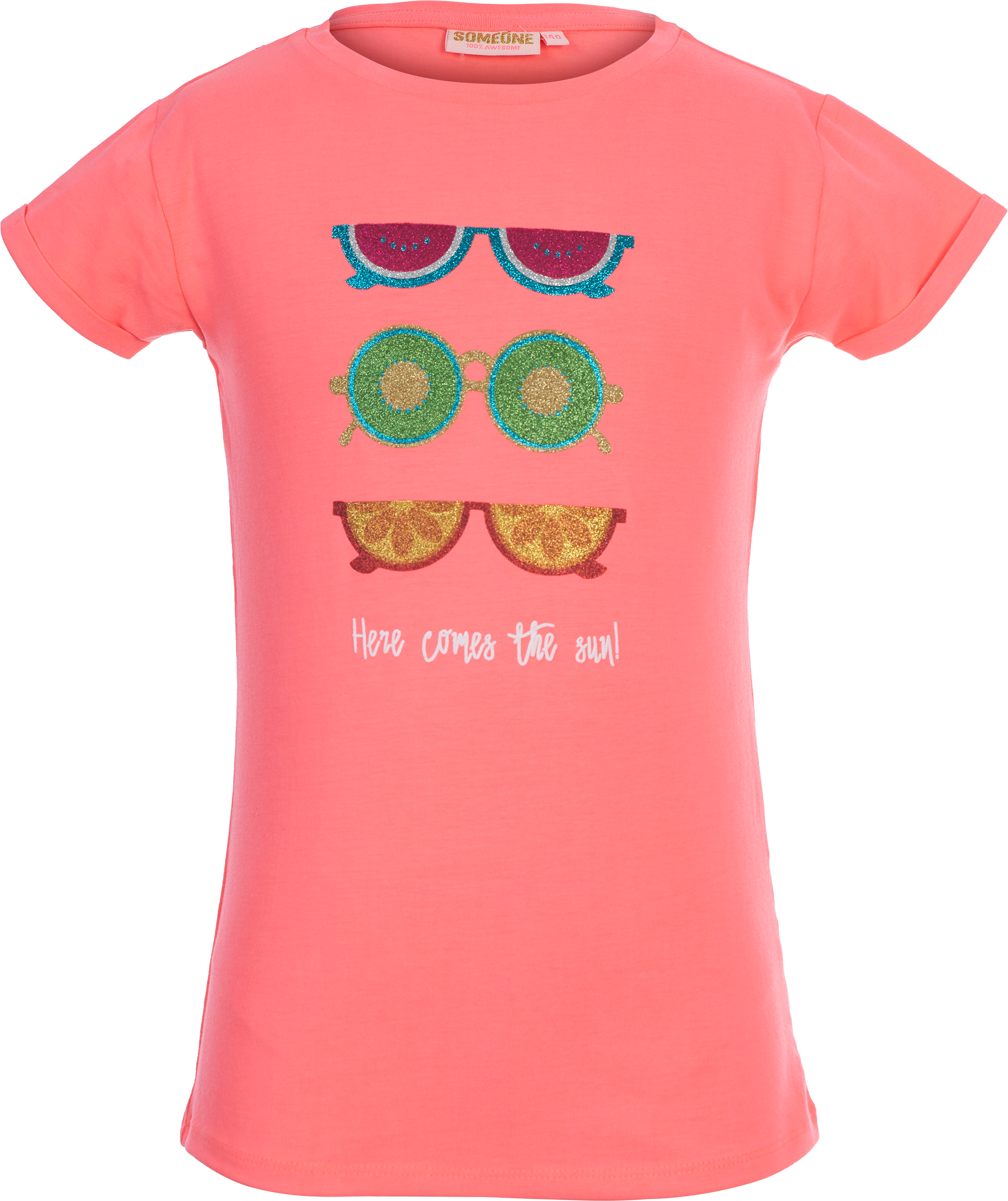 Meisjes T-shirt Here comes the Sun! van Someone in de kleur FLUO CORAL in maat 140.