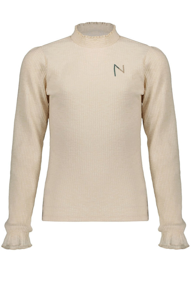 Meisjes Kooka melange rib jersey puffed sleeved top+smock at neck and sleeve end van NoBell in de kleur Pearled Ivory in maat 170-176.