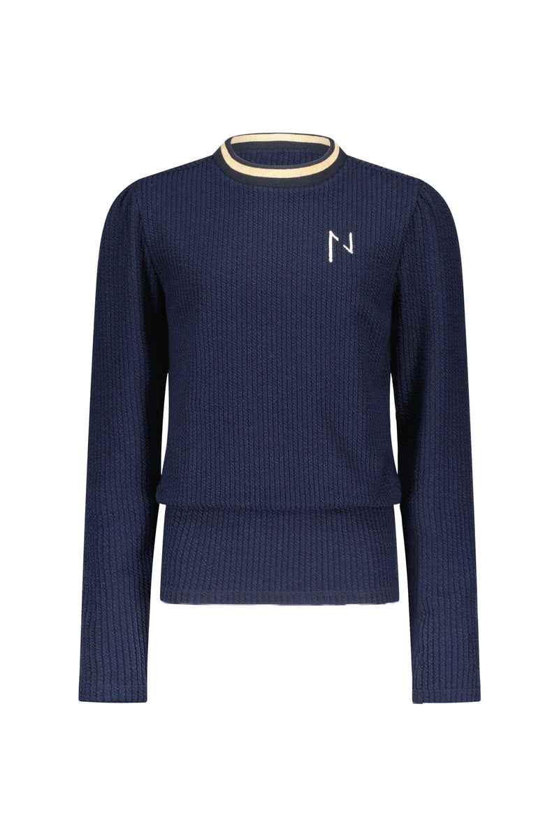 Meisjes Koba curly rib tshirt l/sl with puffed sleeves and rib at neck van NoBell in de kleur Navy Blazer in maat 170-176.