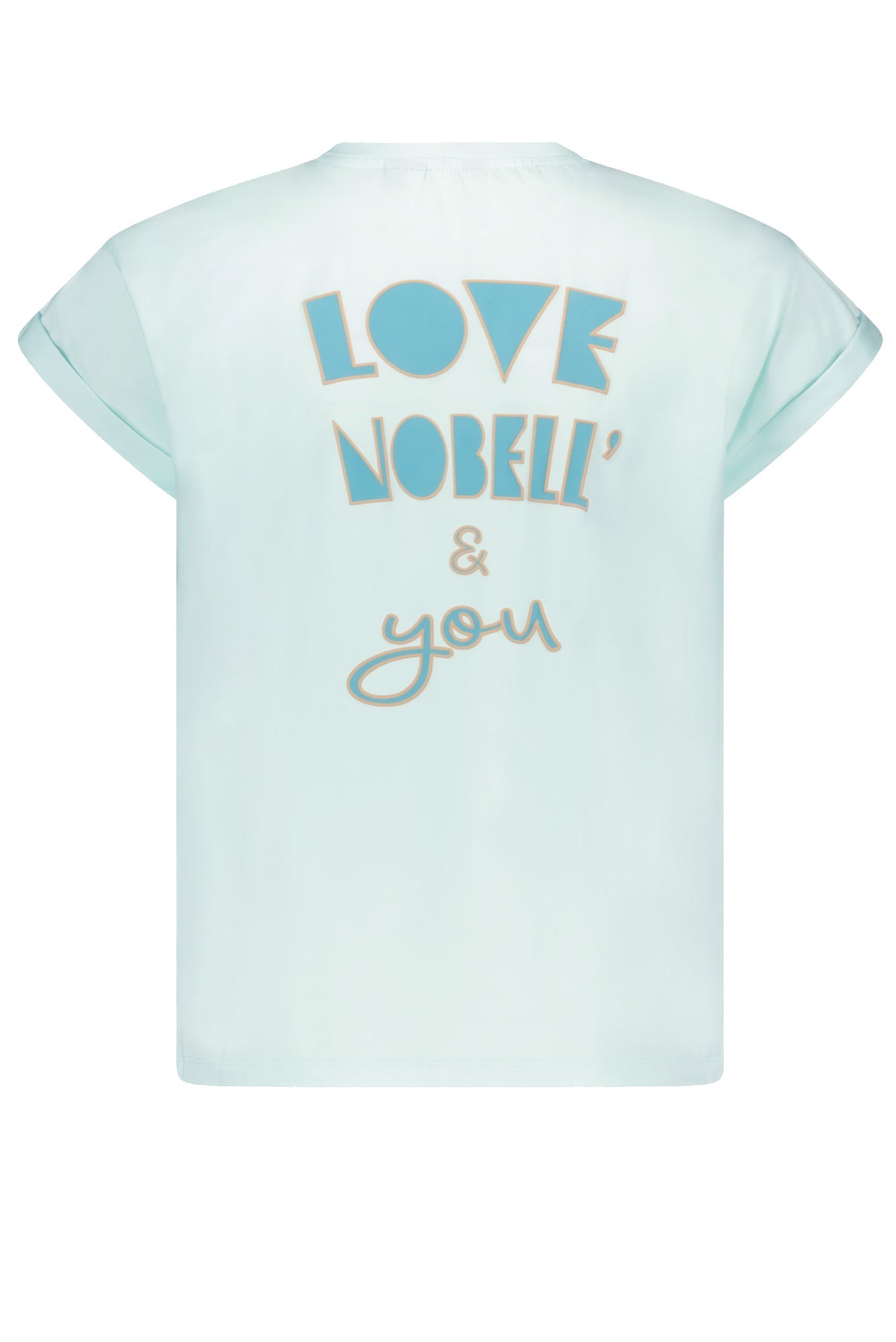 Meisjes Kasis crew neck tshirt s/sl with print LOVE PEACE & YOU van NoBell in de kleur Spa Blue in maat 170-176.