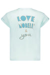 Meisjes Kasis crew neck tshirt s/sl with print LOVE PEACE & YOU van NoBell in de kleur Spa Blue in maat 170-176.