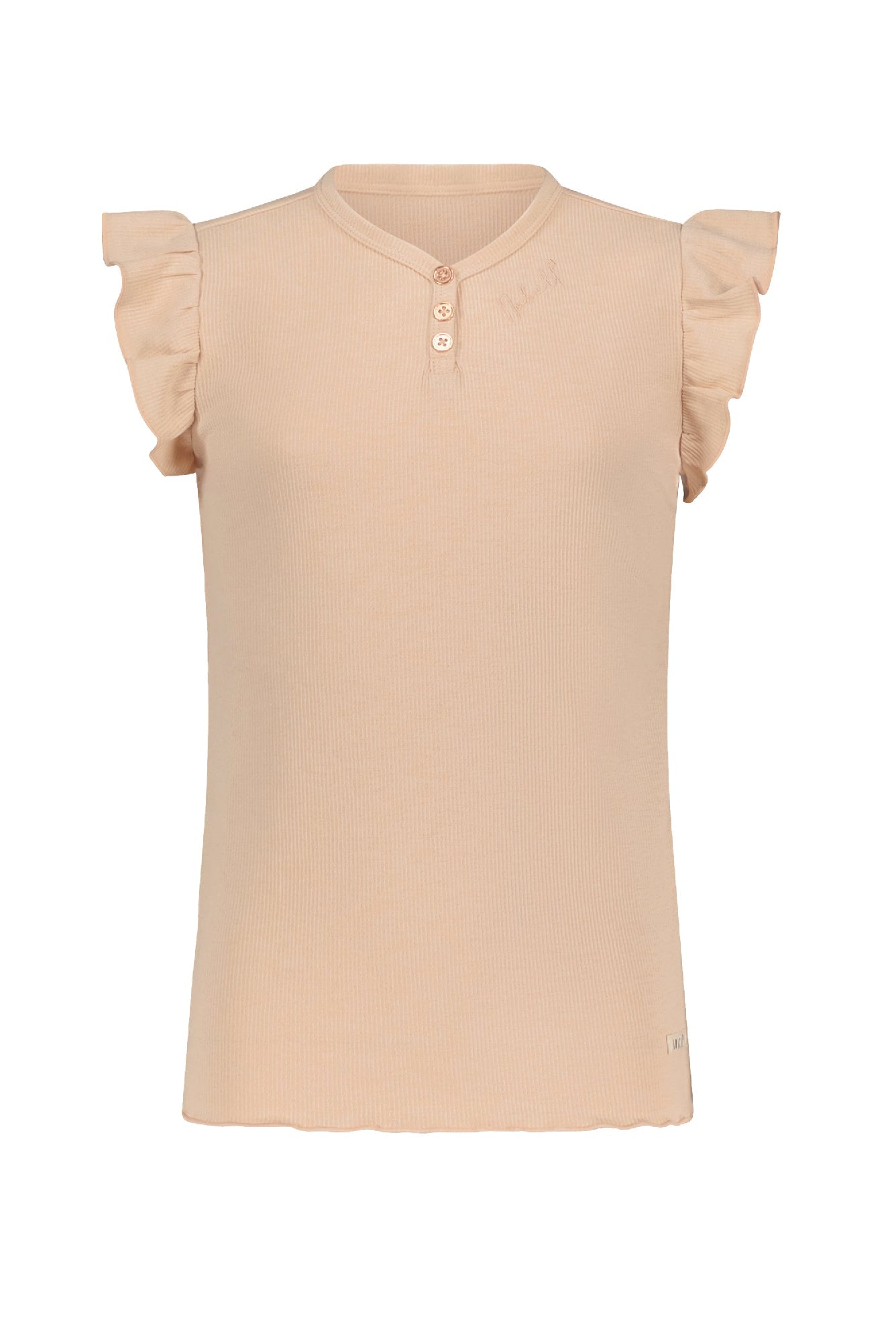 Meisjes Kiss rib jersey top cap sleeve with v-neck and 3 buttons at front van NoBell in de kleur Rosy Sand in maat 170-176.