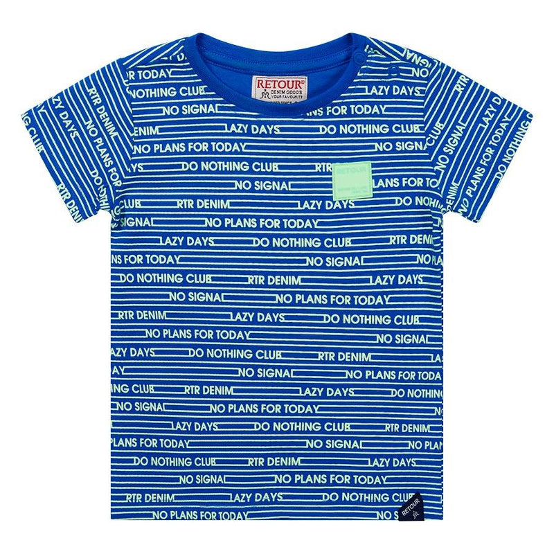 Jongens T-shirt stripe + text Fedde van RETOUR in de kleur mid blue in maat 86.