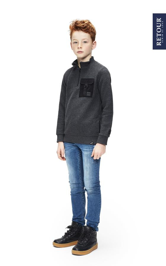 Jongens Sweater zipper Dolf van Retour in de kleur grey marl in maat 158/164.