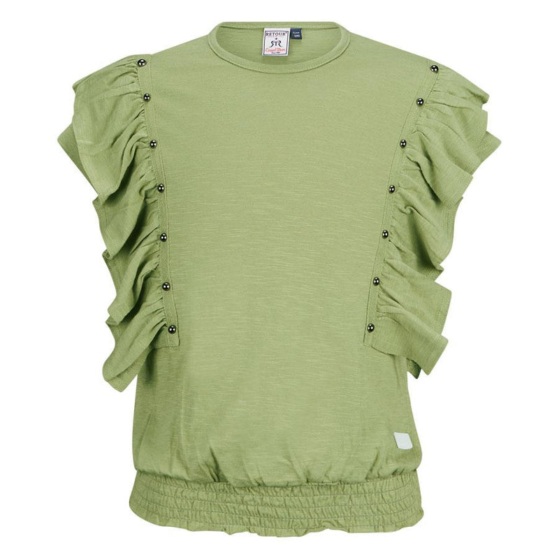 Meisjes T-shirt ruffles Valerie van RETOUR in de kleur light khaki in maat 170/176.
