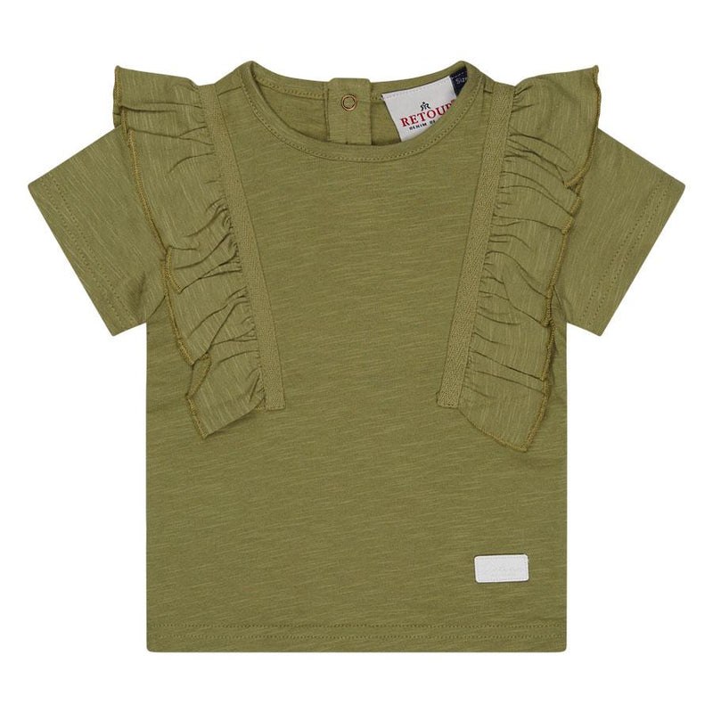 Meisjes T-shirt with ruffles Angel van RETOUR in de kleur light khaki in maat 86.