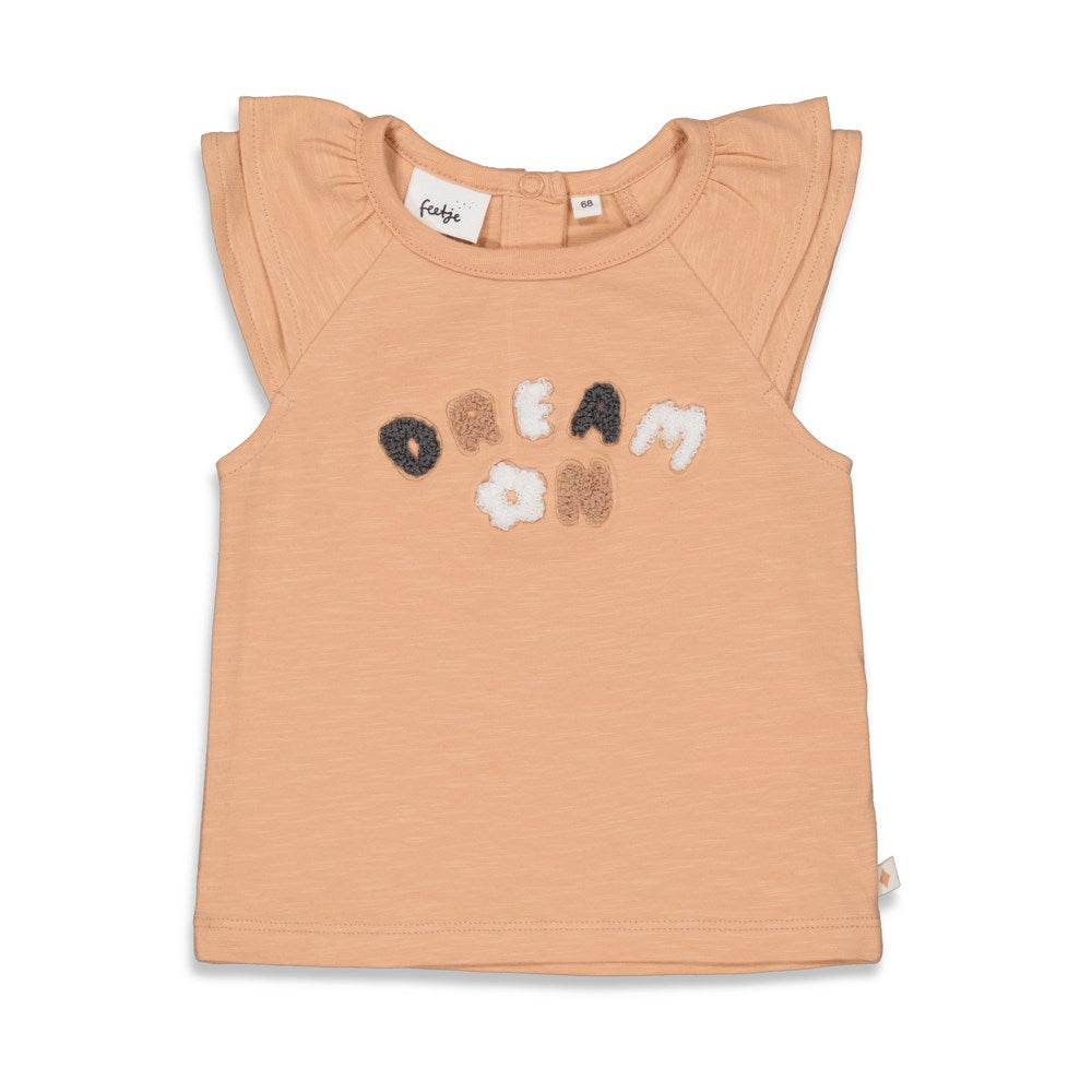 Meisjes T-shirt - Follow your dreams van Feetje in de kleur Perzik in maat 86.