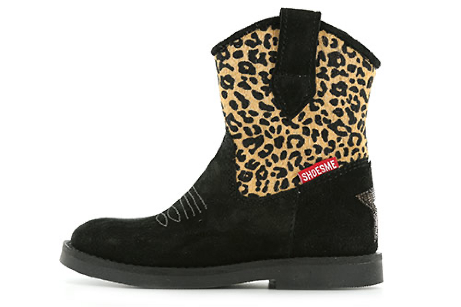 Shoesme Shoesme zwarte suède laars met luipaardprint van ponyhair