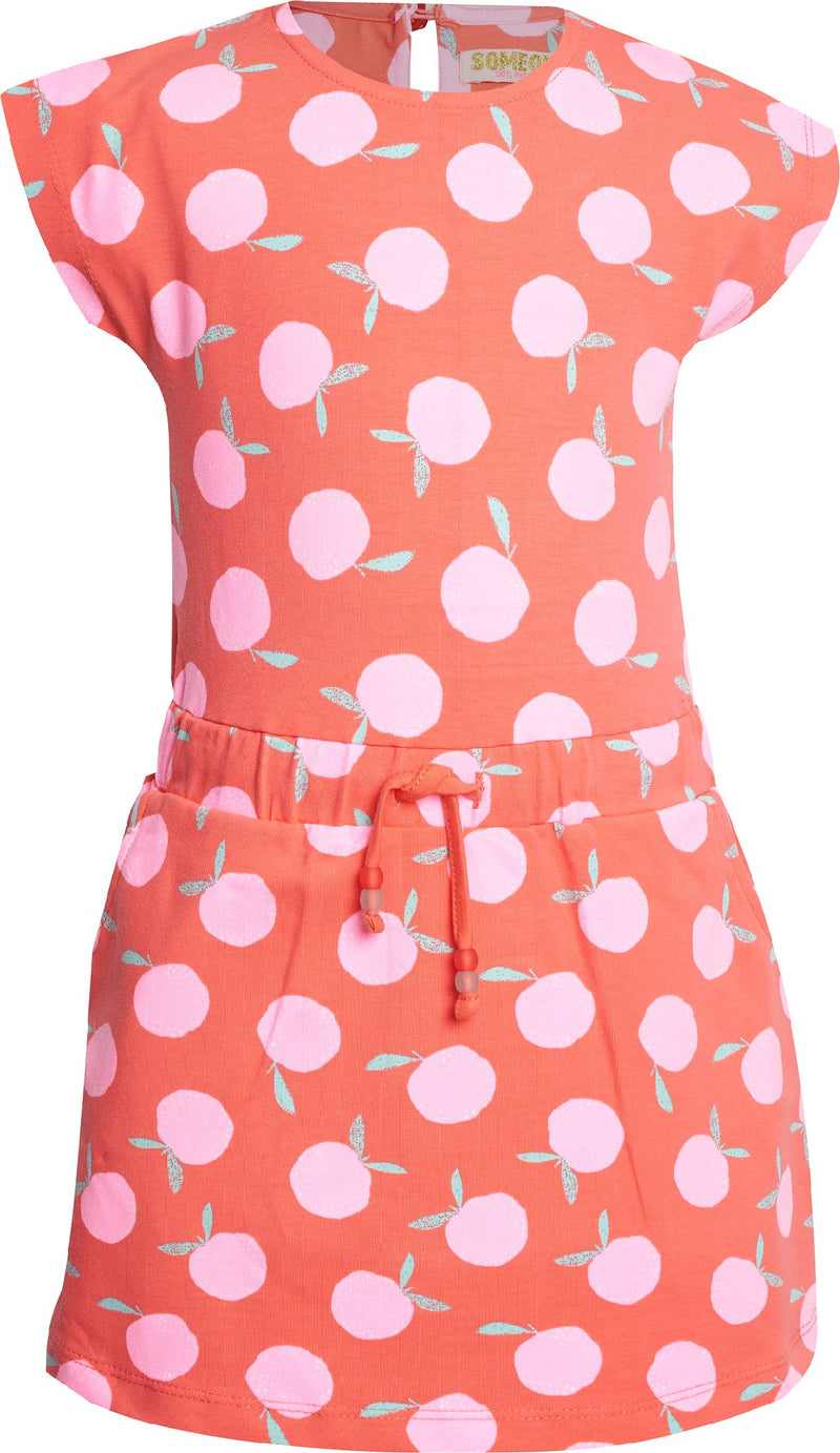 Meisjes Jurk korte mouw AOP Oranges van Someone in de kleur Coral in maat 140.