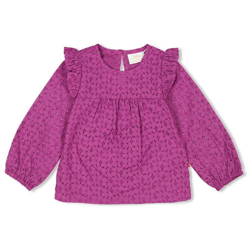 Meisjes Blouse ruches - Flowers For Life van Jubel in de kleur Paars in maat 128.