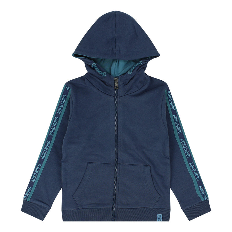 Jongens Cardigan with hood van Koko Noko in de kleur Blue in maat 128.