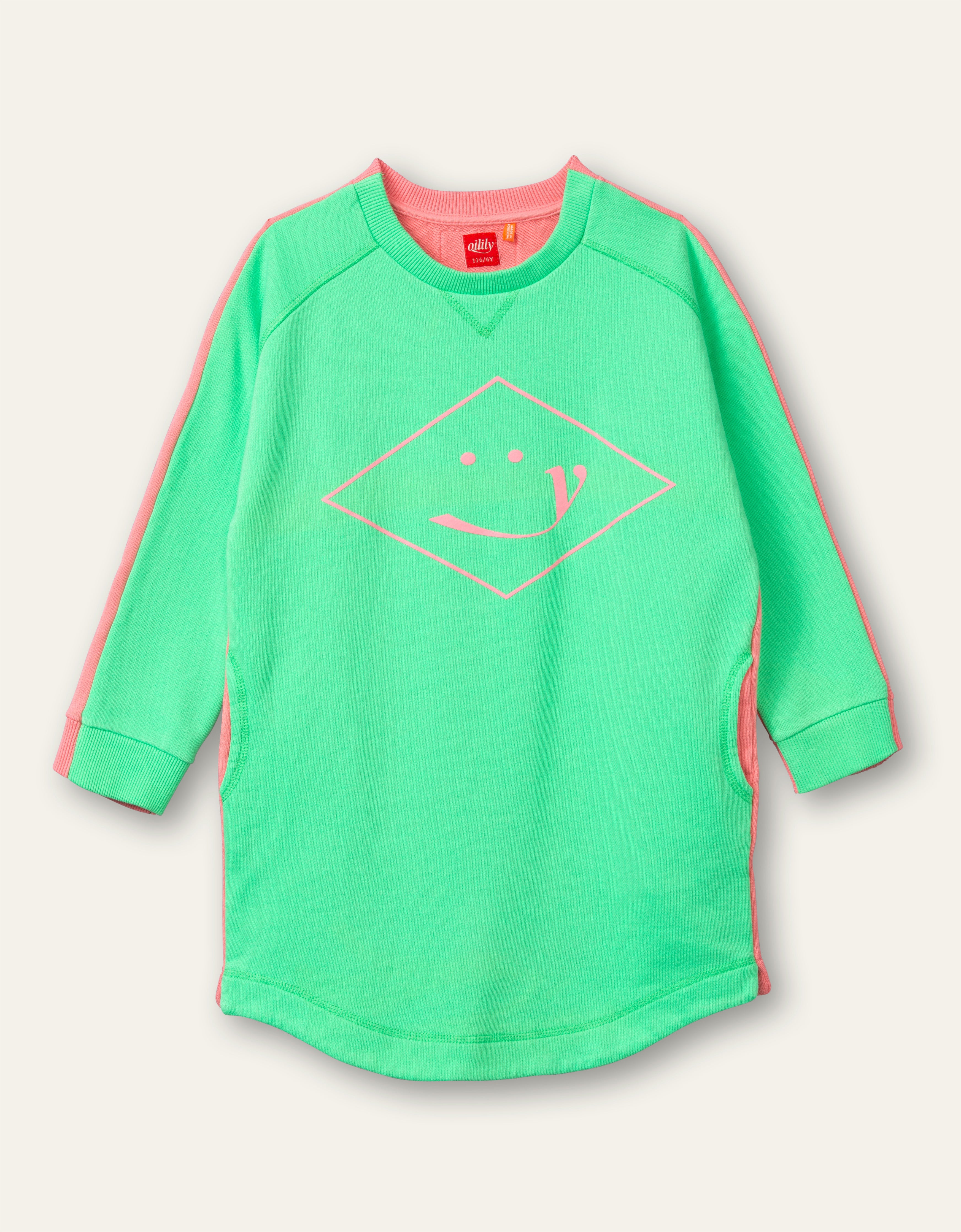 Oilily Hope long sleeve sweat dress 79 solid sweat flash green with artwork Wieber Smile
